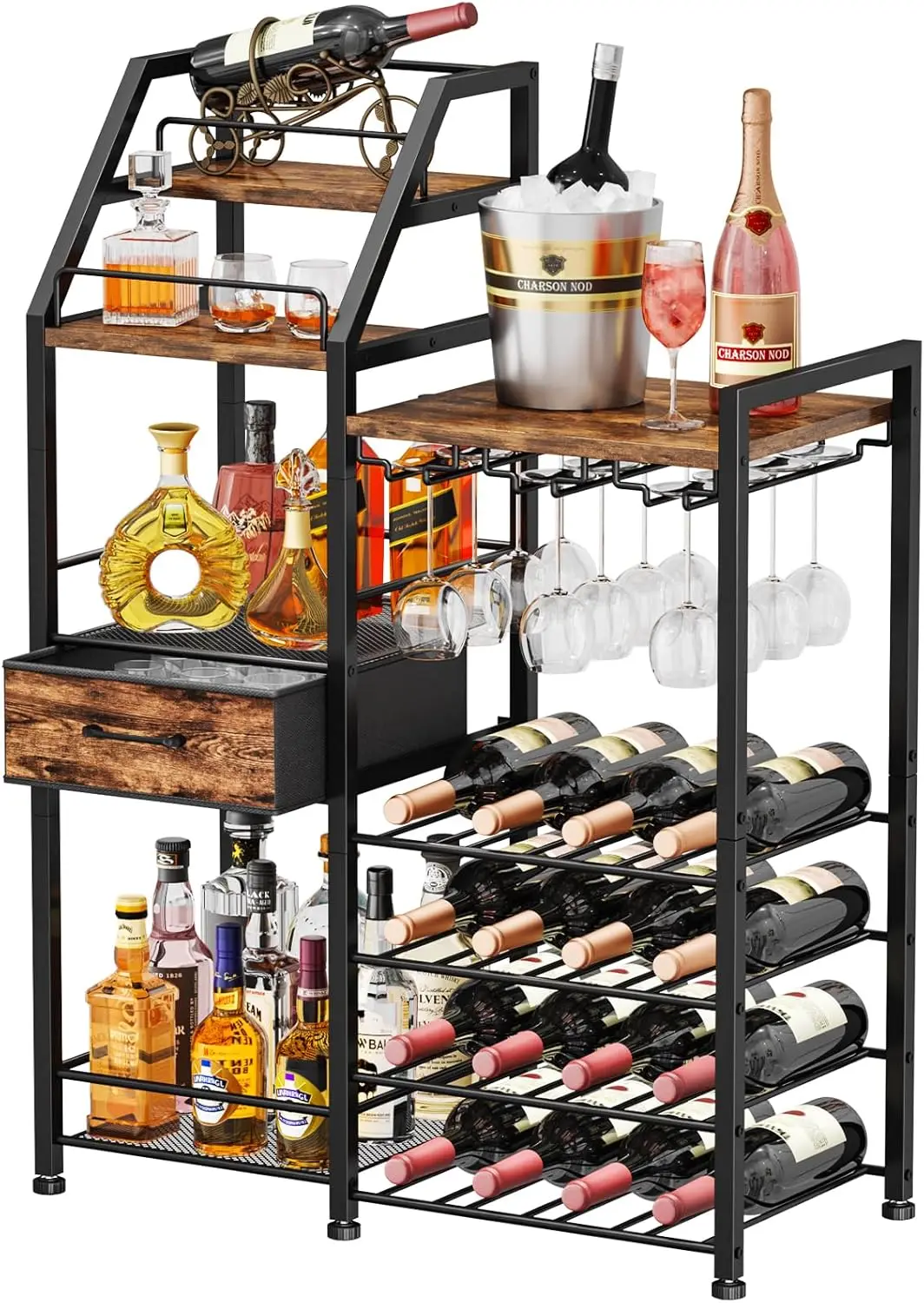 Multi-Tier Floor Wine Rack with Fabric Drawer and Glass Holder - Vintage Whiskey Cabinet for Home Bar
Multi-Tier Floor Wine Rack with Fabric Drawer and Glass Holder - Vintage Whiskey Cabinet for Home Bar