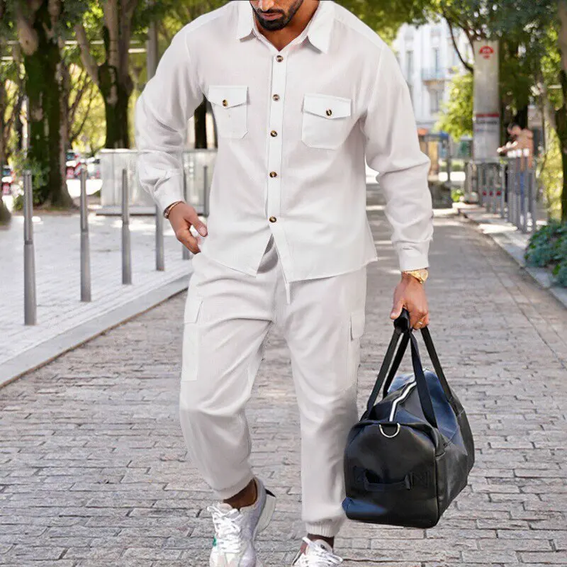 New men's solid color long sleeve shirt set Europe and the United States multi-pocket rope cotton hemp straight leg trousers
New men's solid color long sleeve shirt set Europe and the United States multi-pocket rope cotton hemp straight leg trousers
