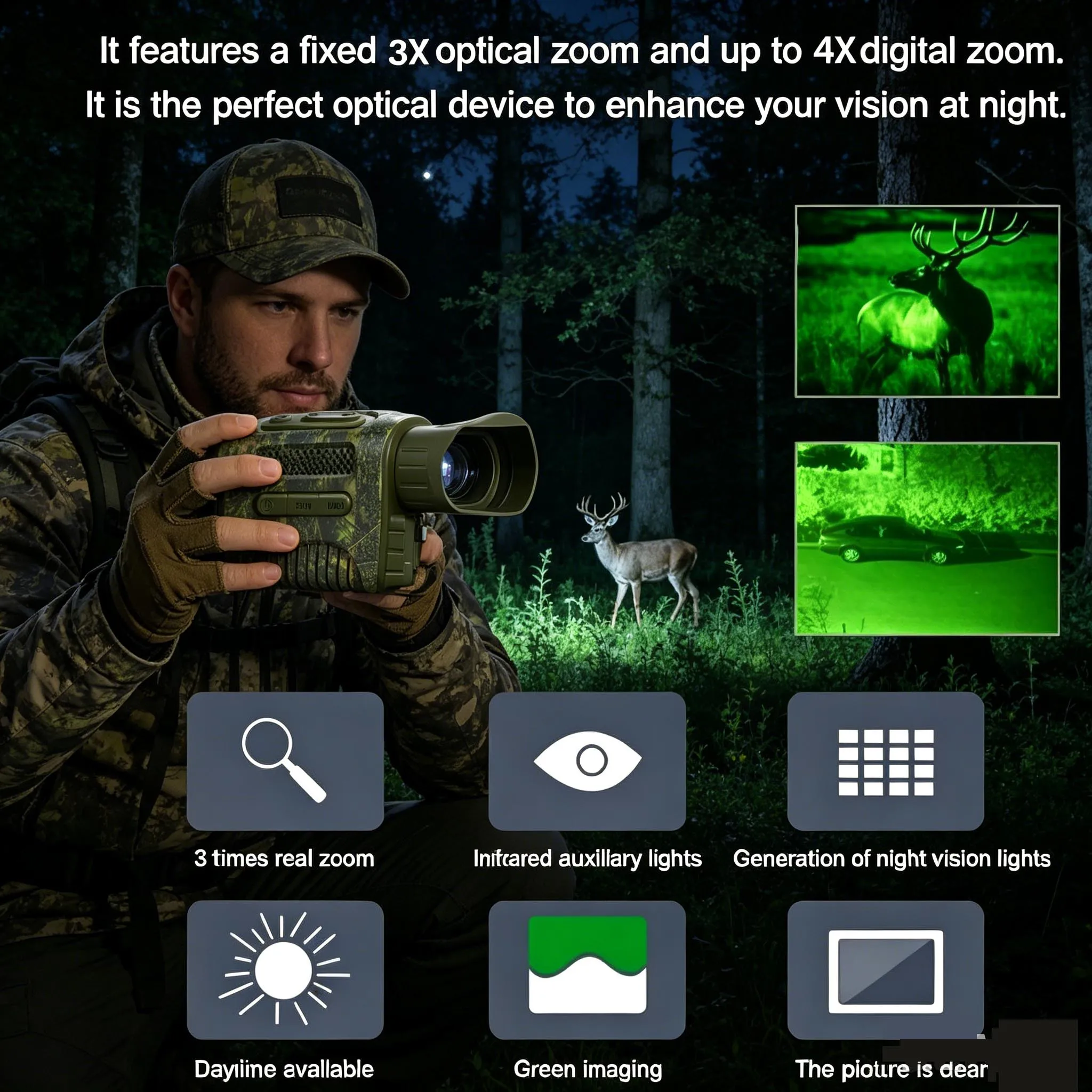 NV650C Infrared Night Vision Monocular Telescope, 4X Digital Zoom 7 Levels 1080P Day Night Use, Support Photo Video Shooting
NV650C Infrared Night Vision Monocular Telescope, 4X Digital Zoom 7 Levels 1080P Day Night Use, Support Photo Video Shooting