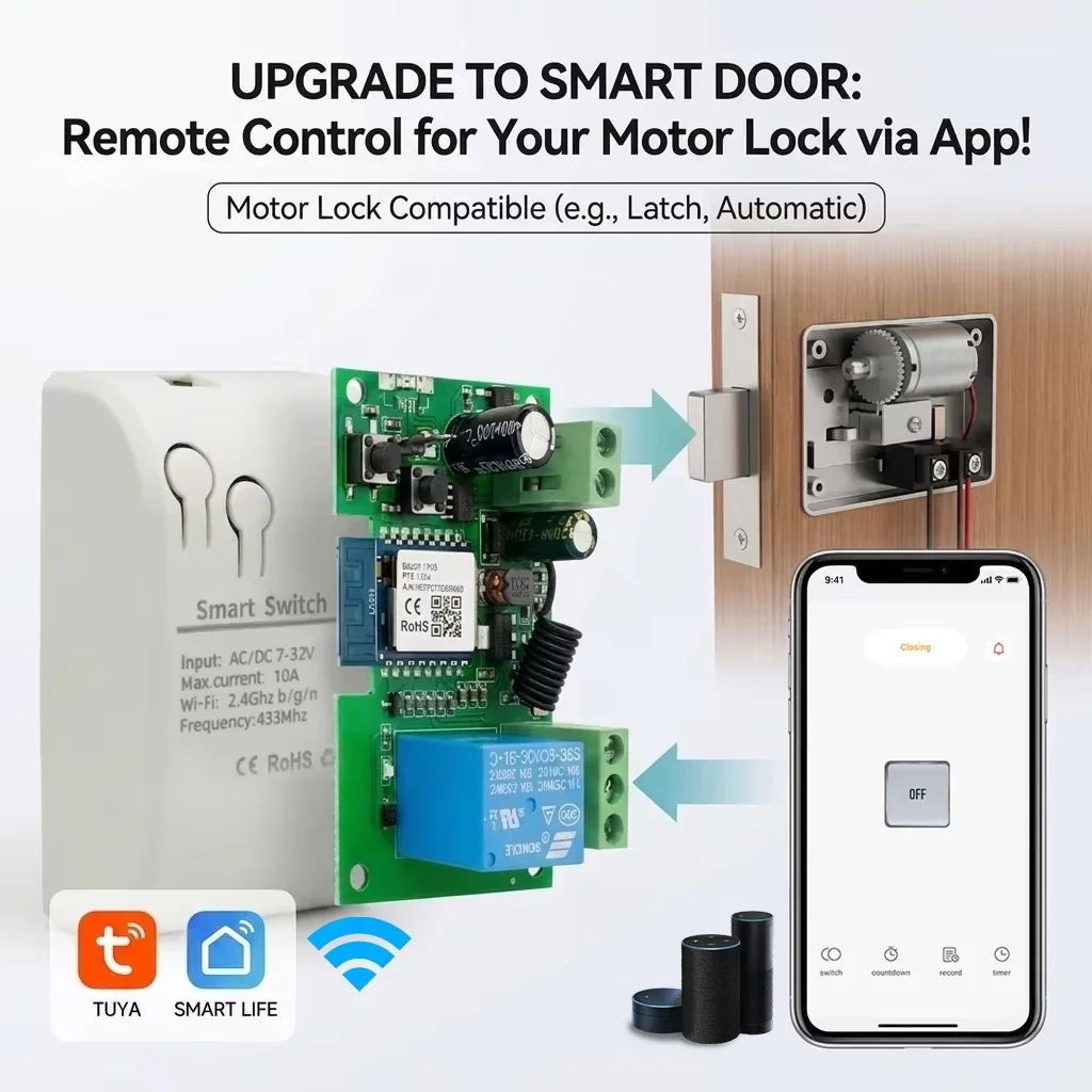 Tuya WiFi Smart Motor Lock Door Opener Remote Control Switch Electronic Auto Receiver Controller Works with Alexa Google Home
