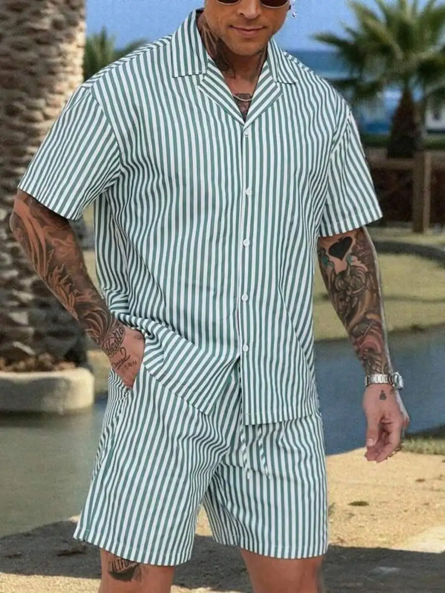 Mens Green And White Vertical Stripe Short Sleeve Shirt And Shorts Set Casual Summer Outfit
Mens Green And White Vertical Stripe Short Sleeve Shirt And Shorts Set Casual Summer Outfit