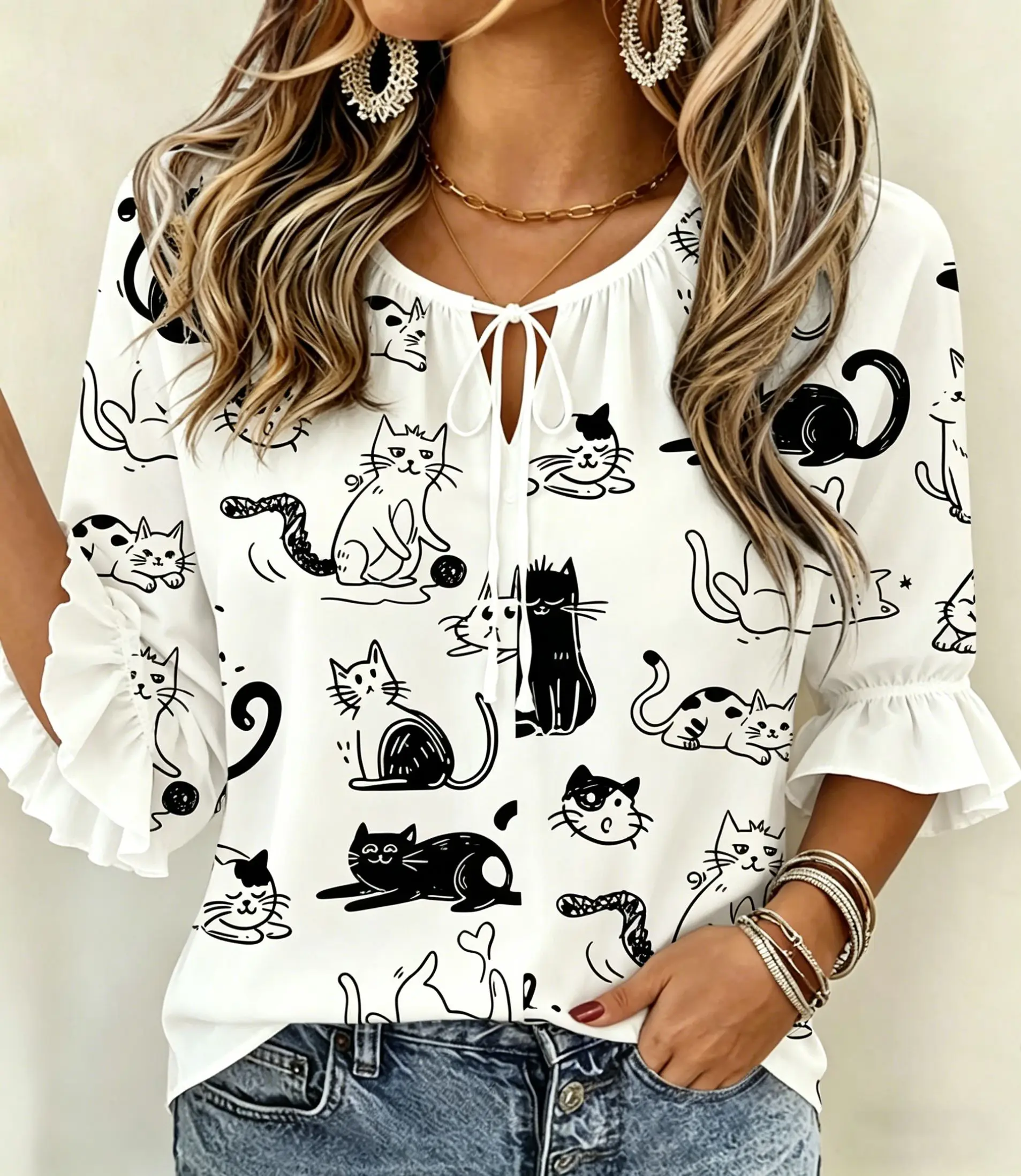 Women's White Cute Cat Print Tie Neck Blouse, Casual Loose Tops for Spring Summer Daily Wear & Vacation Occasions.
Women's White Cute Cat Print Tie Neck Blouse, Casual Loose Tops for Spring Summer Daily Wear & Vacation Occasions.