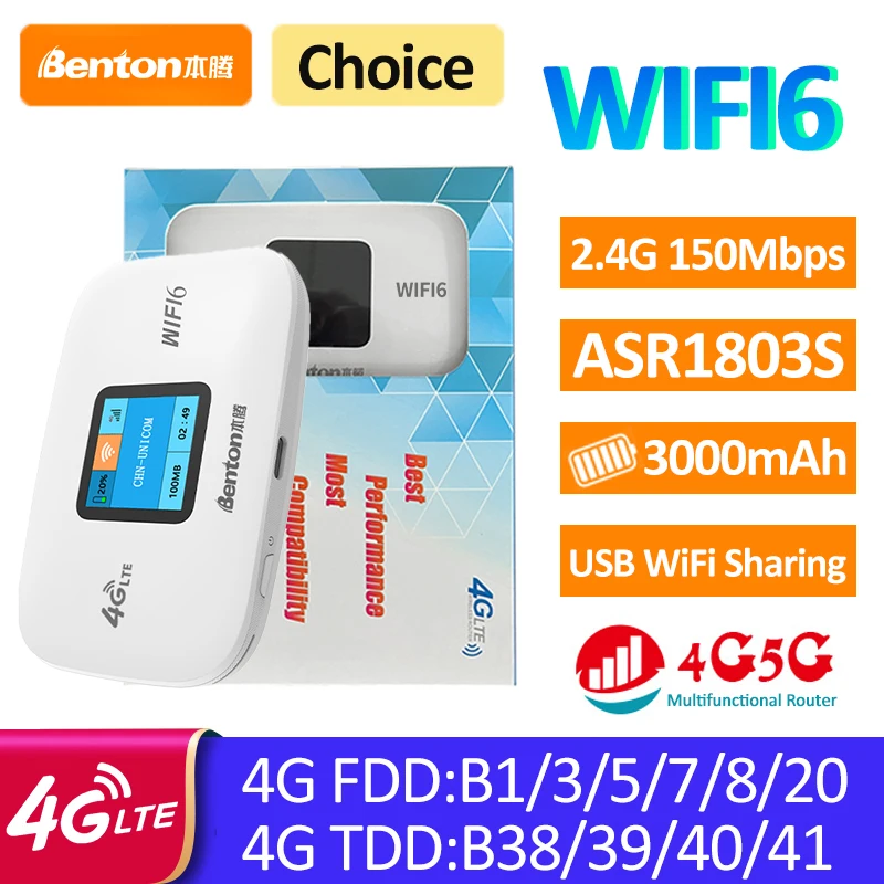 Benton MiFi Portable WiFi 802.11ax WiFi6 4G Router for SIM Card 3G 4G LTE Router USB Travel Router 2.4GHz 150Mbps 10 Users
Benton MiFi Portable WiFi 802.11ax WiFi6 4G Router for SIM Card 3G 4G LTE Router USB Travel Router 2.4GHz 150Mbps 10 Users