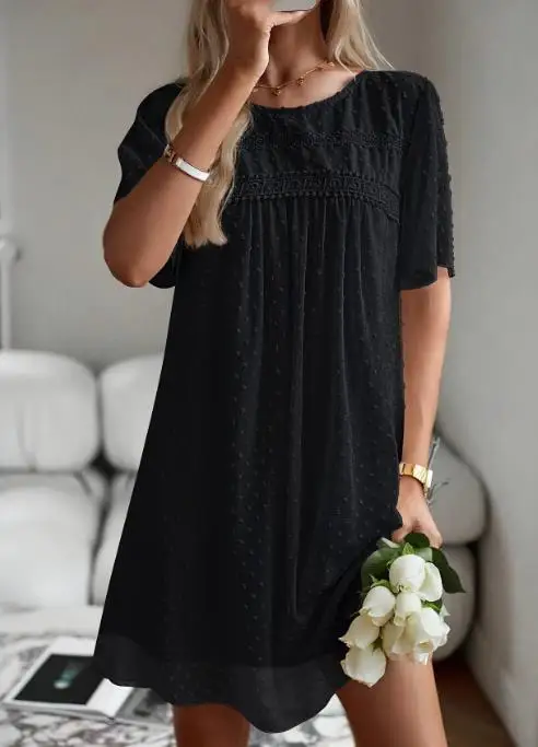 Summer Women's Solid Color Dress with Jacquard Lace Patchwork Round Neck Short Sleeved Sheer Straight Tube Loose Dress
Summer Women's Solid Color Dress with Jacquard Lace Patchwork Round Neck Short Sleeved Sheer Straight Tube Loose Dress