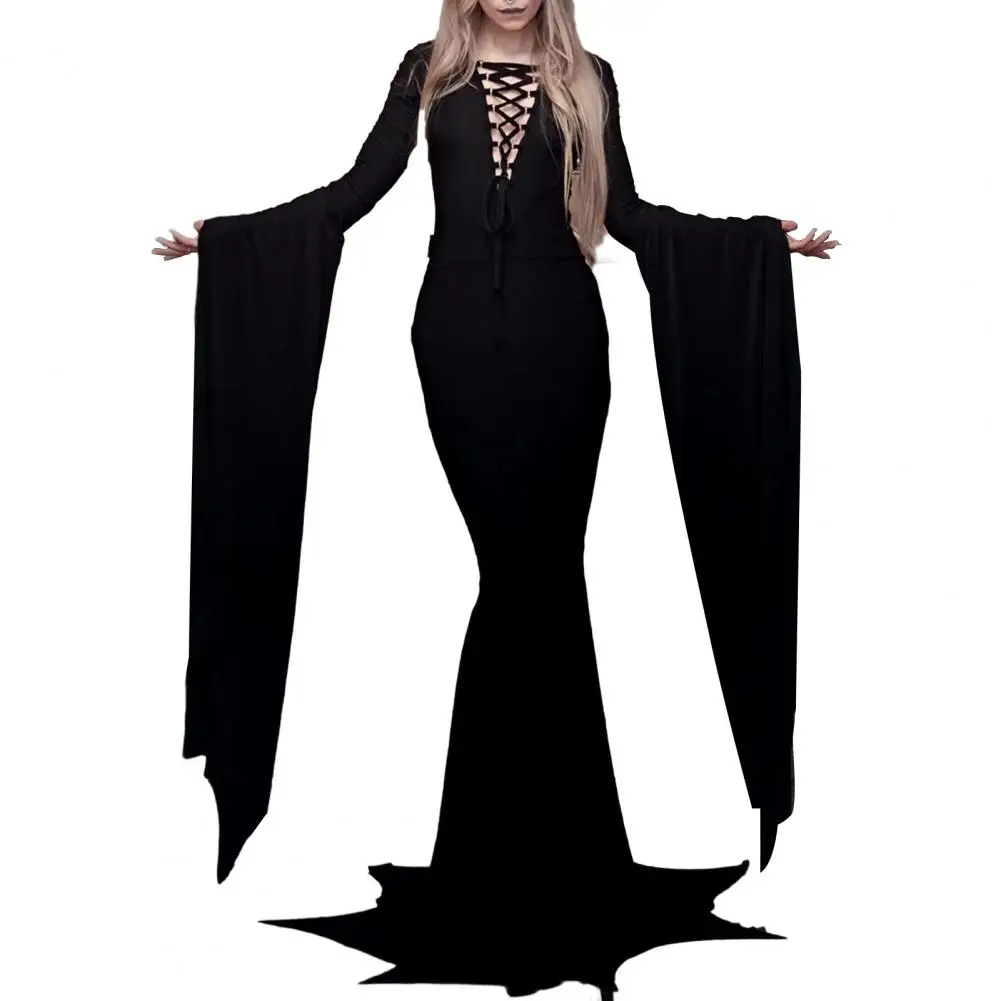 Women Bell Sleeve Dress Bride Costume Sexy V-neck Lace-up Floor Dress for Halloween Party Slim Fit Bell Sleeve Vintage Dress
Women Bell Sleeve Dress Bride Costume Sexy V-neck Lace-up Floor Dress for Halloween Party Slim Fit Bell Sleeve Vintage Dress