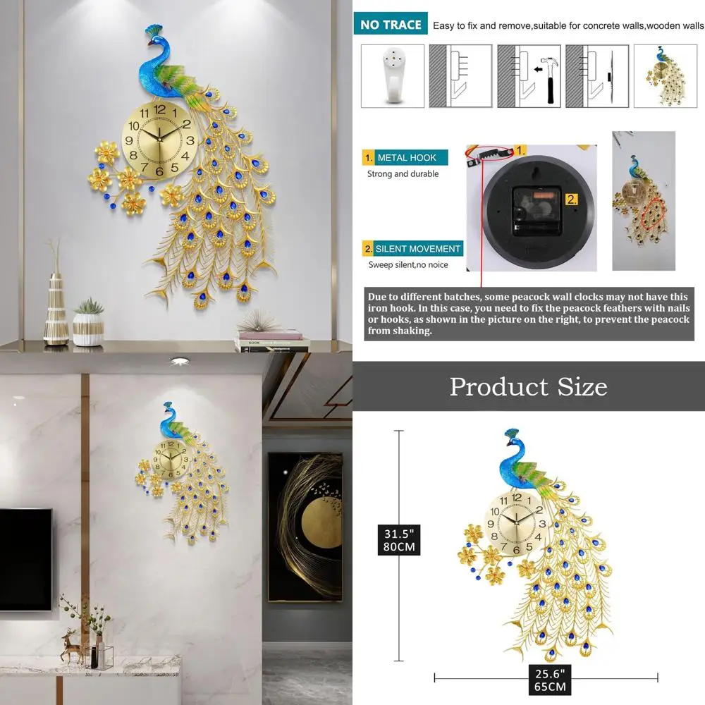 Metal Peacock Design 31.5 Inch Silent Digital Wall Clock - Gold Art Clock for Living Room Decor
Metal Peacock Design 31.5 Inch Silent Digital Wall Clock - Gold Art Clock for Living Room Decor
