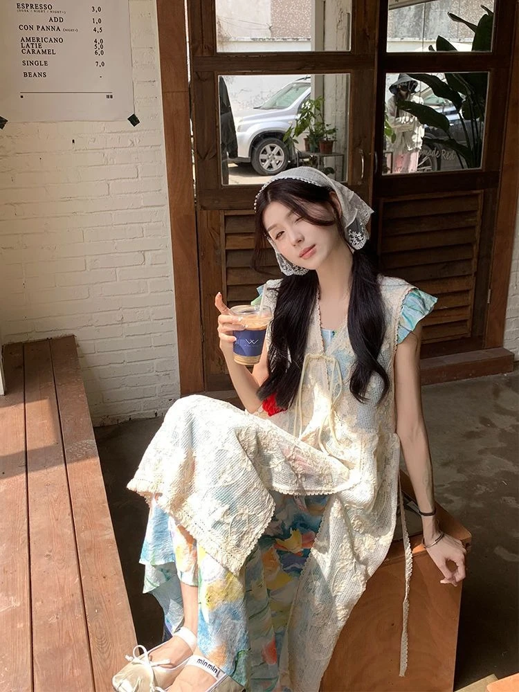Y2k Vintage Two-Piece Dress Set Colorful Print Crochet Lace Cover-Up + Slip Dress Vacation Outfit Bohemian Women Spring Summer
Y2k Vintage Two-Piece Dress Set Colorful Print Crochet Lace Cover-Up + Slip Dress Vacation Outfit Bohemian Women Spring Summer