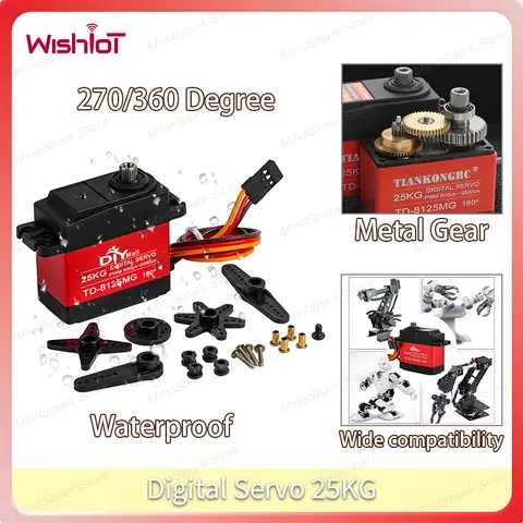 Servo digital 25kg, motor de escova de carbono com engrenagem de metal, 270/360 graus, grande torque, à prova d'água, servos para robô diy, carros rc, brinquedos