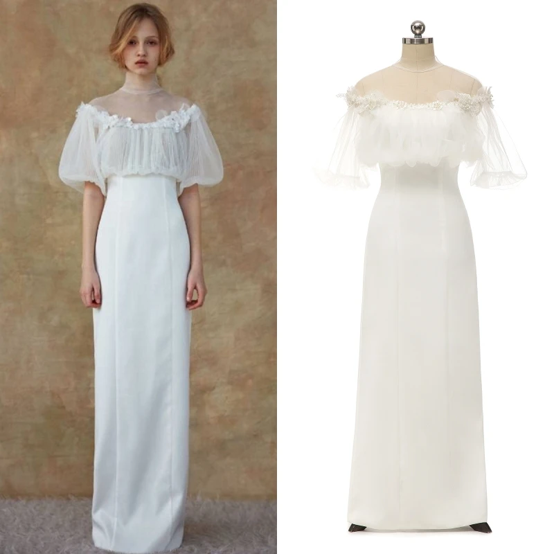 2995# Real Photos Simple Off Shoulder Puffy Sleeves Sheath Wedding Dress Bridal Gown For Women With Lace 3D Flowers
2995# Real Photos Simple Off Shoulder Puffy Sleeves Sheath Wedding Dress Bridal Gown For Women With Lace 3D Flowers