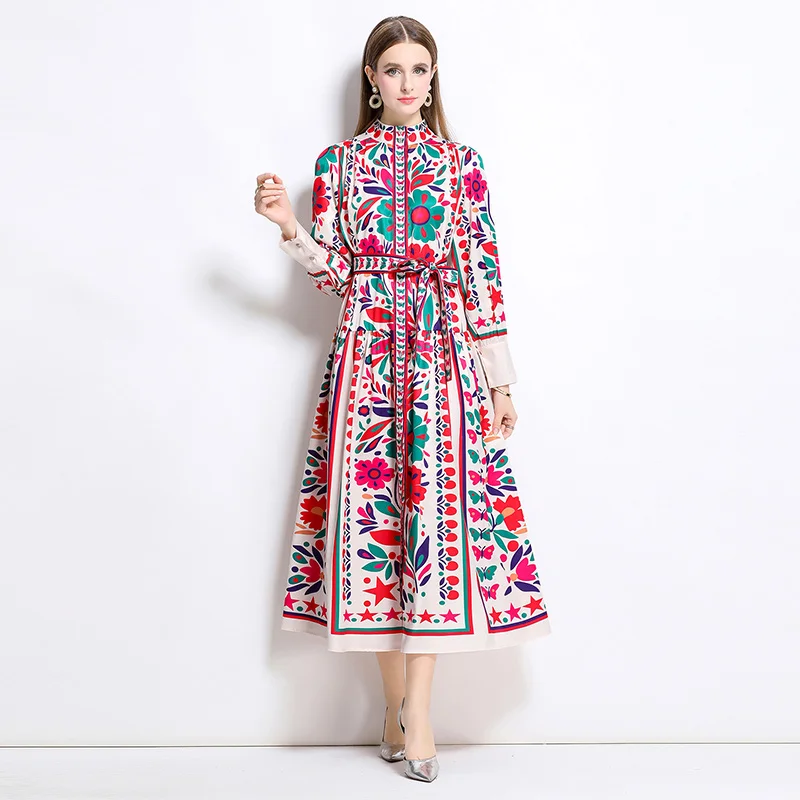Vintage Ethnic Style Print Elegant Dresses Women Autumn Stand Collar Long Sleeve High Waist Slim Long Dress Fashion Party Dress
Vintage Ethnic Style Print Elegant Dresses Women Autumn Stand Collar Long Sleeve High Waist Slim Long Dress Fashion Party Dress