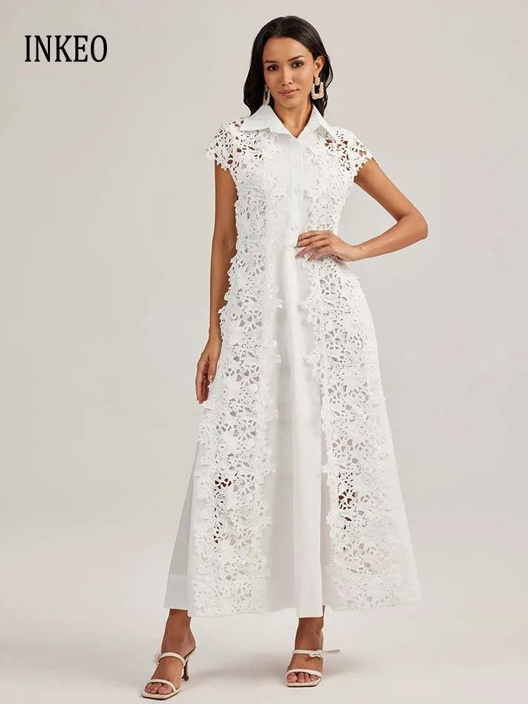 France style Women's Lace patchwork dress White Black 2025 Summer Hollow out Short sleeve Maxi dresses Office lady INKEO 5T127
France style Women's Lace patchwork dress White Black 2025 Summer Hollow out Short sleeve Maxi dresses Office lady INKEO 5T127