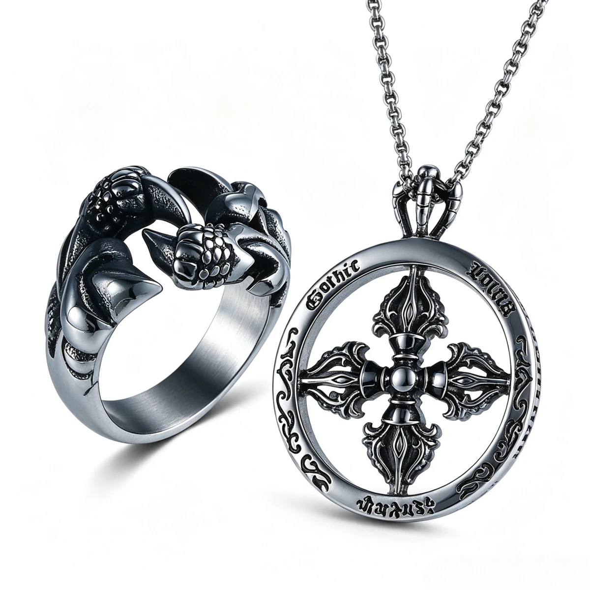 Men's Gothic Jewelry Set Stainless Steel Dragon Claw Ring & Dorje Vajra Pendant Necklace, Punk Vintage Statement Jewelry for Men
Men's Gothic Jewelry Set Stainless Steel Dragon Claw Ring & Dorje Vajra Pendant Necklace, Punk Vintage Statement Jewelry for Men