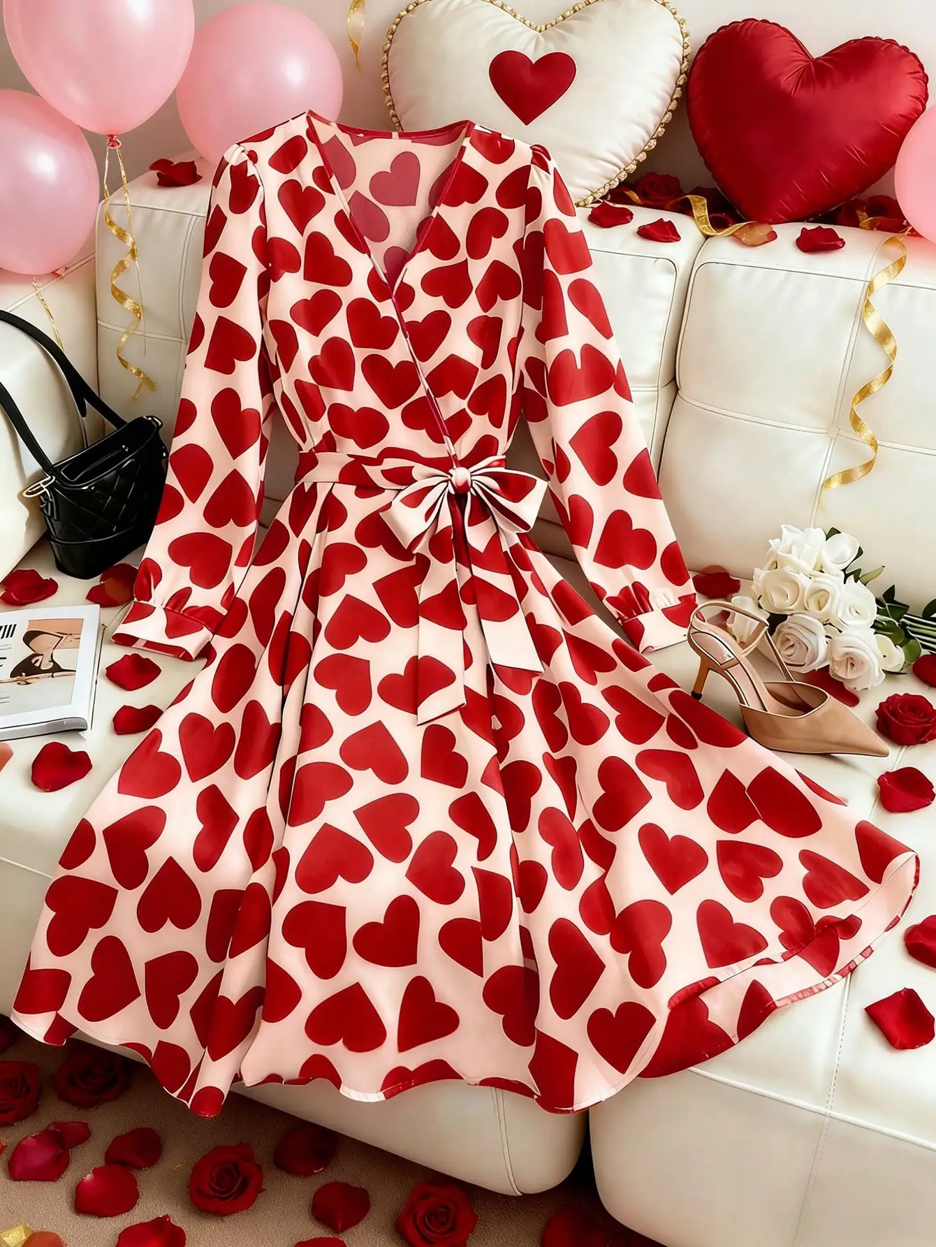 Women's Red Heart Print V-Neck Tie-Waist Long Sleeve Midi Dress
Women's Red Heart Print V-Neck Tie-Waist Long Sleeve Midi Dress