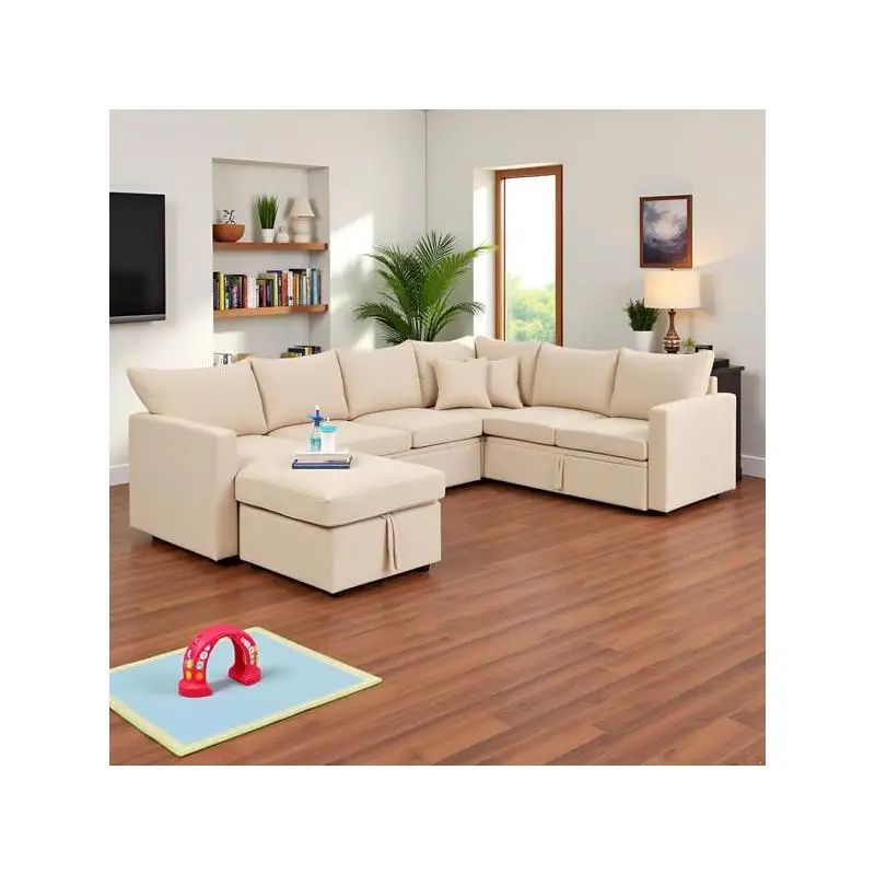 Большой U-образный 7-местный модульный секционный диван, большой выдвижной спальный диван с местом для хранения вещей для гостиной, бежевый цвет
Большой U-образный 7-местный модульный секционный диван, большой выдвижной спальный диван с местом для хранения вещей для гостиной, бежевый цвет
