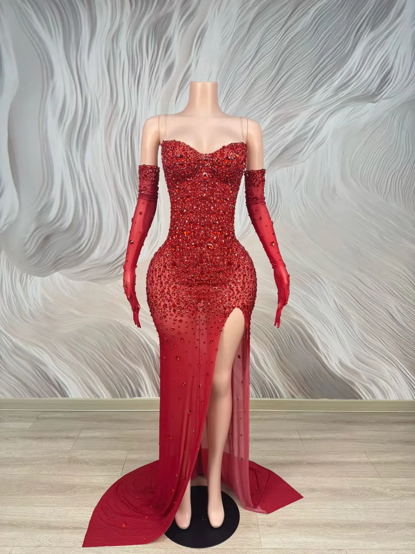 Hainiao Elegant Red Rhinestone Sheer Mesh Sweetheart Neck Slit Mermaid Maxi Dress Formal Evening Cocktail Party Gown with Gloves
Hainiao Elegant Red Rhinestone Sheer Mesh Sweetheart Neck Slit Mermaid Maxi Dress Formal Evening Cocktail Party Gown with Gloves