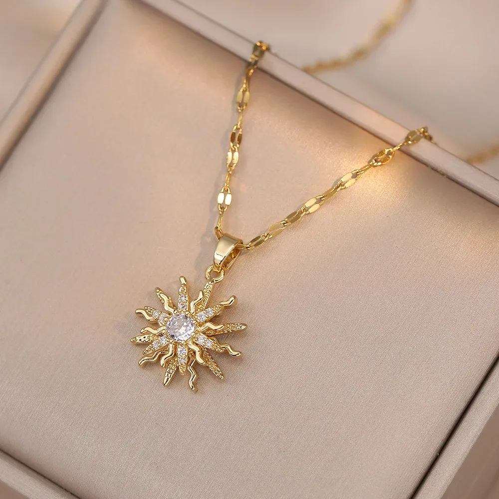 Rotating Flower Pendant Stainless Steel Chains Necklaces For Women Antique Gold Color White Zircon Sun Clavicle Necklace Jewelry
Rotating Flower Pendant Stainless Steel Chains Necklaces For Women Antique Gold Color White Zircon Sun Clavicle Necklace Jewelry