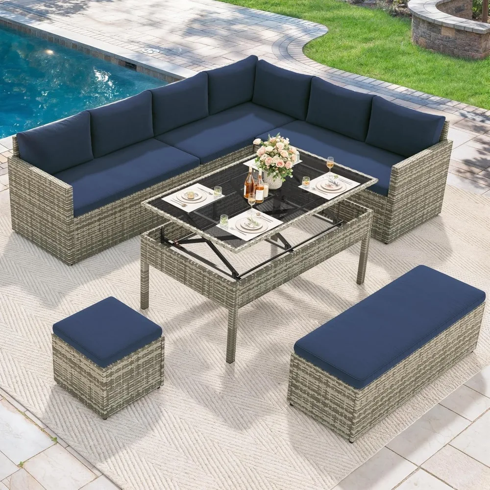 L-Shaped Patio Furniture Set, All Weather Wicker Outdoor Sectional Sofa Conversation Set with Dining Table and Ottoman
L-Shaped Patio Furniture Set, All Weather Wicker Outdoor Sectional Sofa Conversation Set with Dining Table and Ottoman