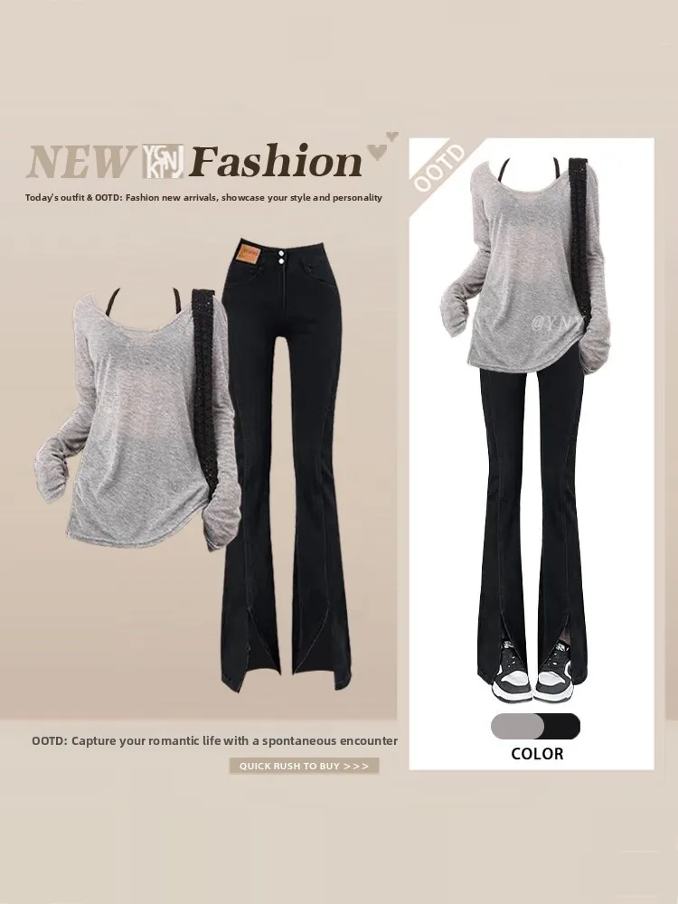 Thin Pure Hooded Grey Cover up Top with Hanging Neck Strap Tight Fit Jeans Three Piece Set Spring Summer Fashion Women's Ense...
Thin Pure Hooded Grey Cover up Top with Hanging Neck Strap Tight Fit Jeans Three Piece Set Spring Summer Fashion Women's Ense...