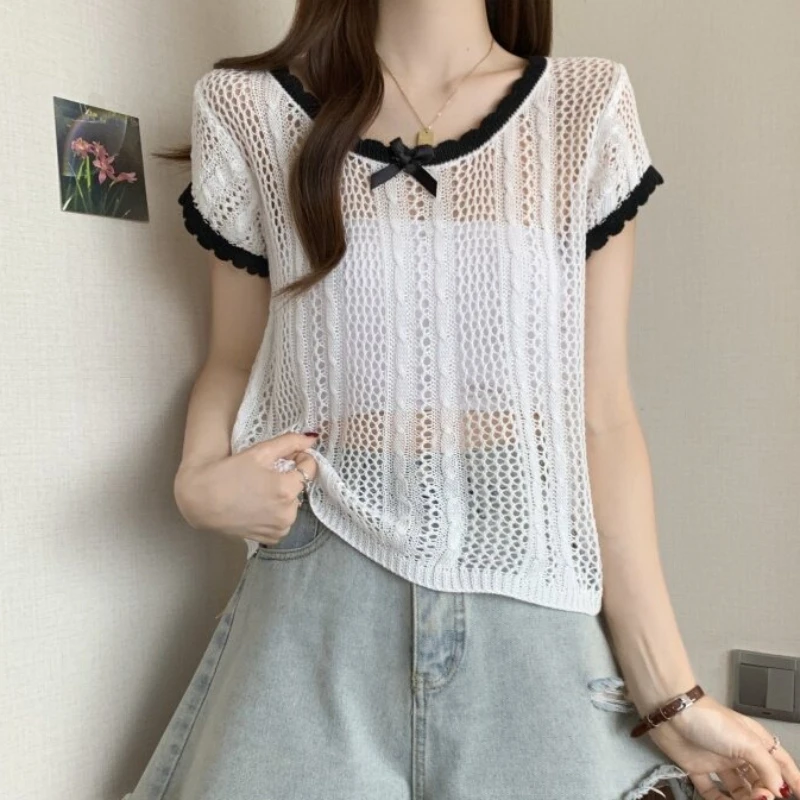 Short Sleeve Pointelle Knit Top for Women Summer Lightweight Sweater with Bow Contrast Trim Sheer Blouse Summer Shoujo Girl
Short Sleeve Pointelle Knit Top for Women Summer Lightweight Sweater with Bow Contrast Trim Sheer Blouse Summer Shoujo Girl