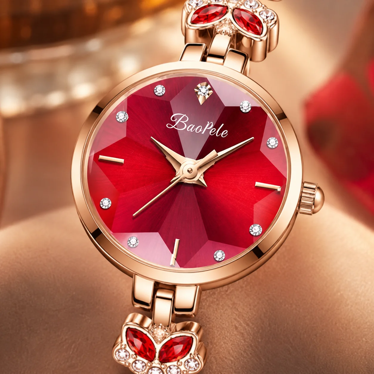 Women's Quartz Watch, Red Dial, Rose Gold Bracelet, Crystal Flower Decor, Elegant Fashion Wristwatch
Women's Quartz Watch, Red Dial, Rose Gold Bracelet, Crystal Flower Decor, Elegant Fashion Wristwatch