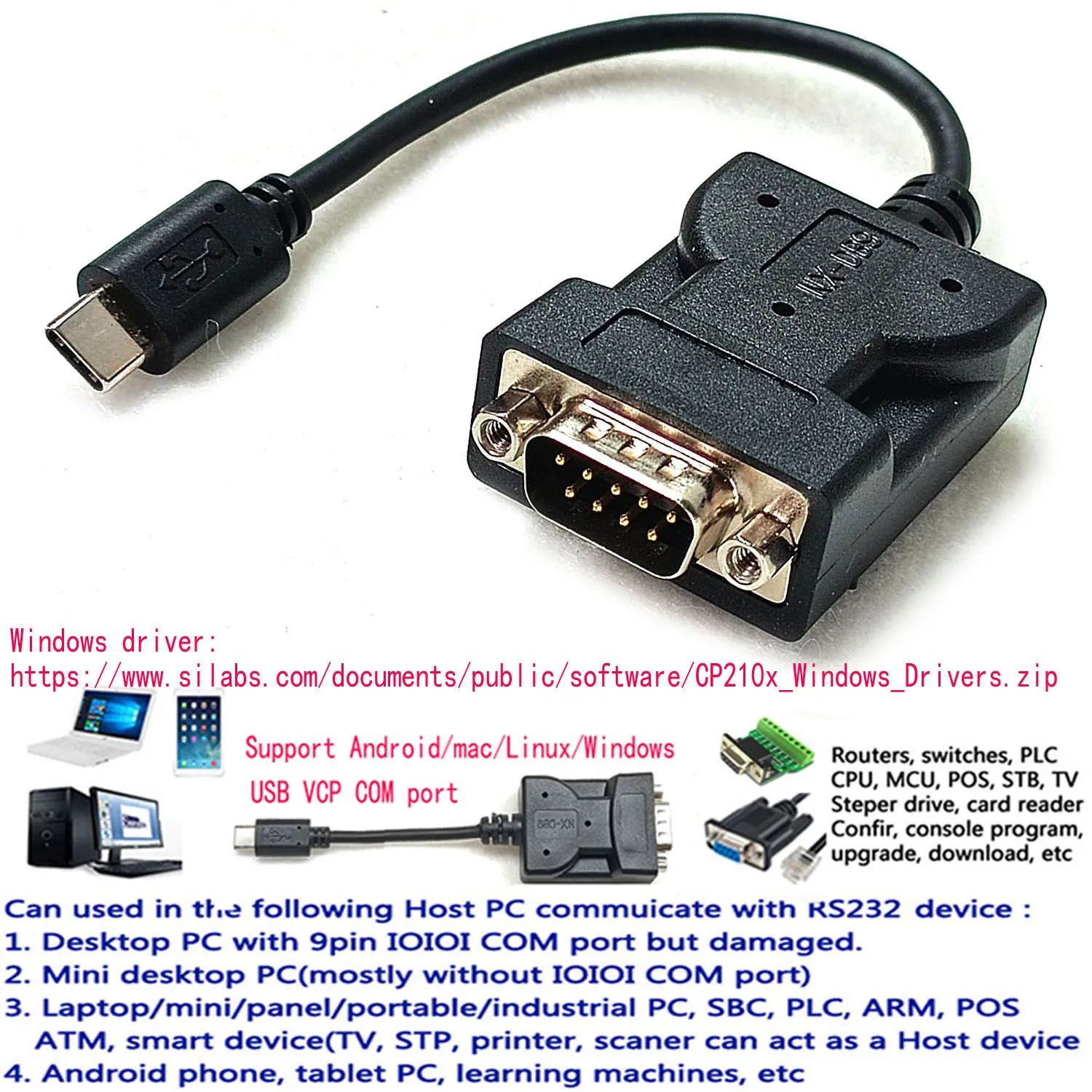 CP2102/CP210x USB Type C to RS232 Serial/Interface Adapter/Converter Cable
CP2102/CP210x USB Type C to RS232 Serial/Interface Adapter/Converter Cable