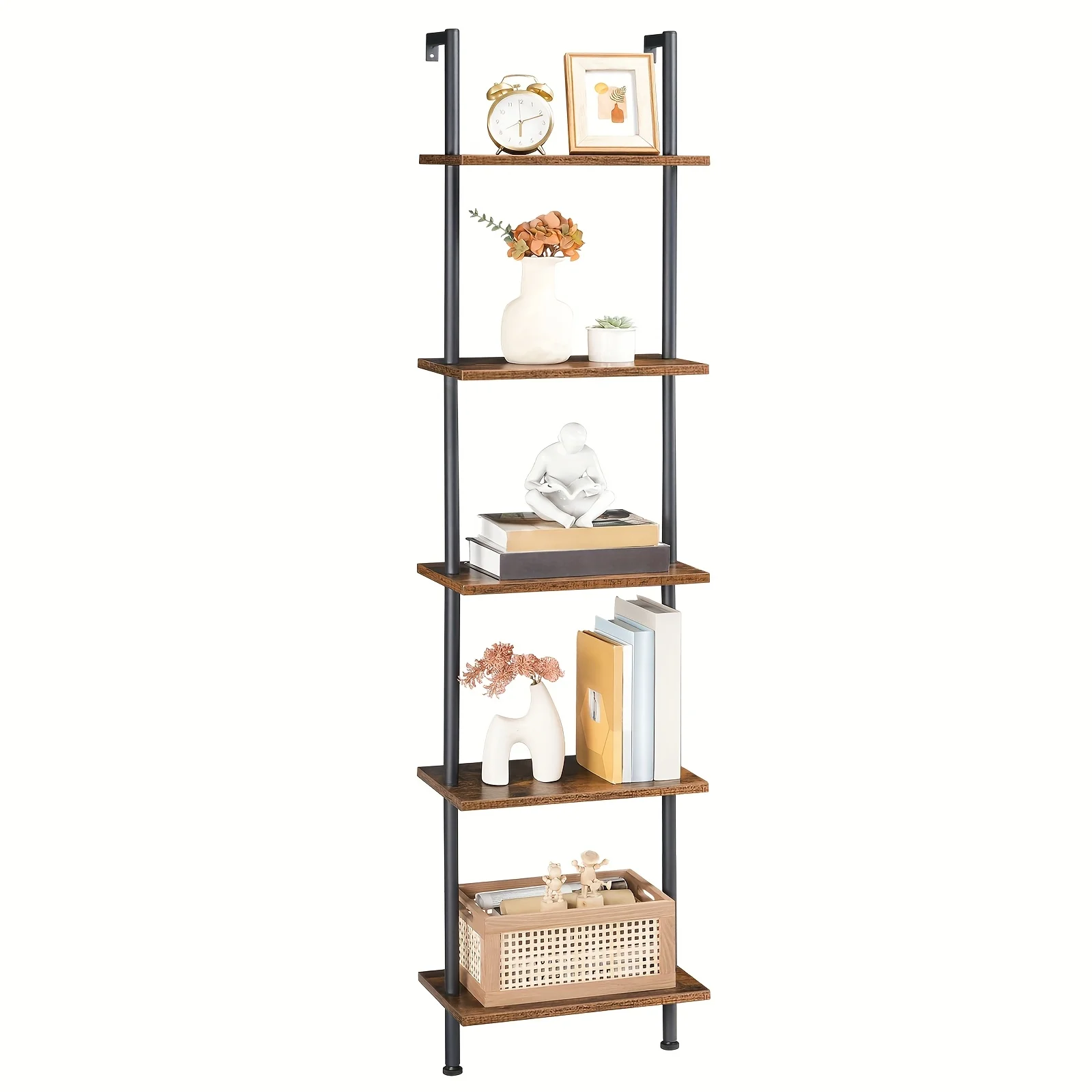 Contemporary 6-Shelf Bookshelf, Wall-Mounted Ladder Design with Metal Frame, Slim Bookcase, Display Unit, Storage Rack, Plant Holder, Suitable for Living Room, Bedroom, Study, Balcony, Rustic Brown And Black End
Contemporary 6-Shelf Bookshelf, Wall-Mounted Ladder Design with Metal Frame, Slim Bookcase, Display Unit, Storage Rack, Plant Holder, Suitable for Living Room, Bedroom, Study, Balcony, Rustic Brown And Black End