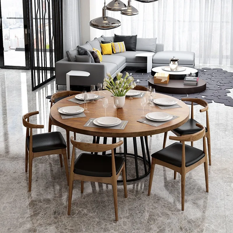 Solid wood round table dining table large board table log wrought iron combination catering box dinner
Solid wood round table dining table large board table log wrought iron combination catering box dinner
