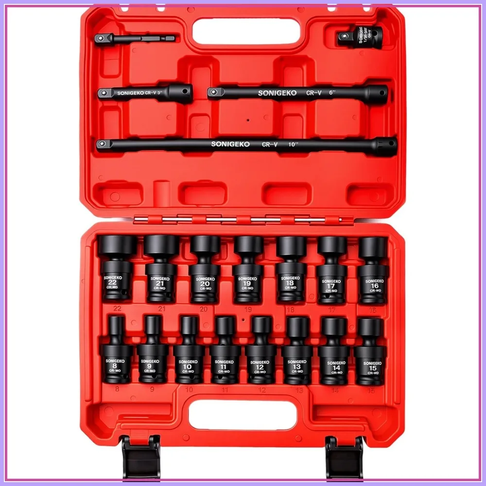 20-Piece 3/8" Drive Impact Swivel Socket Set, CR-Mo, Metric 8-22mm, 6-Point, with Extension Bars & Adapters
20-Piece 3/8" Drive Impact Swivel Socket Set, CR-Mo, Metric 8-22mm, 6-Point, with Extension Bars & Adapters