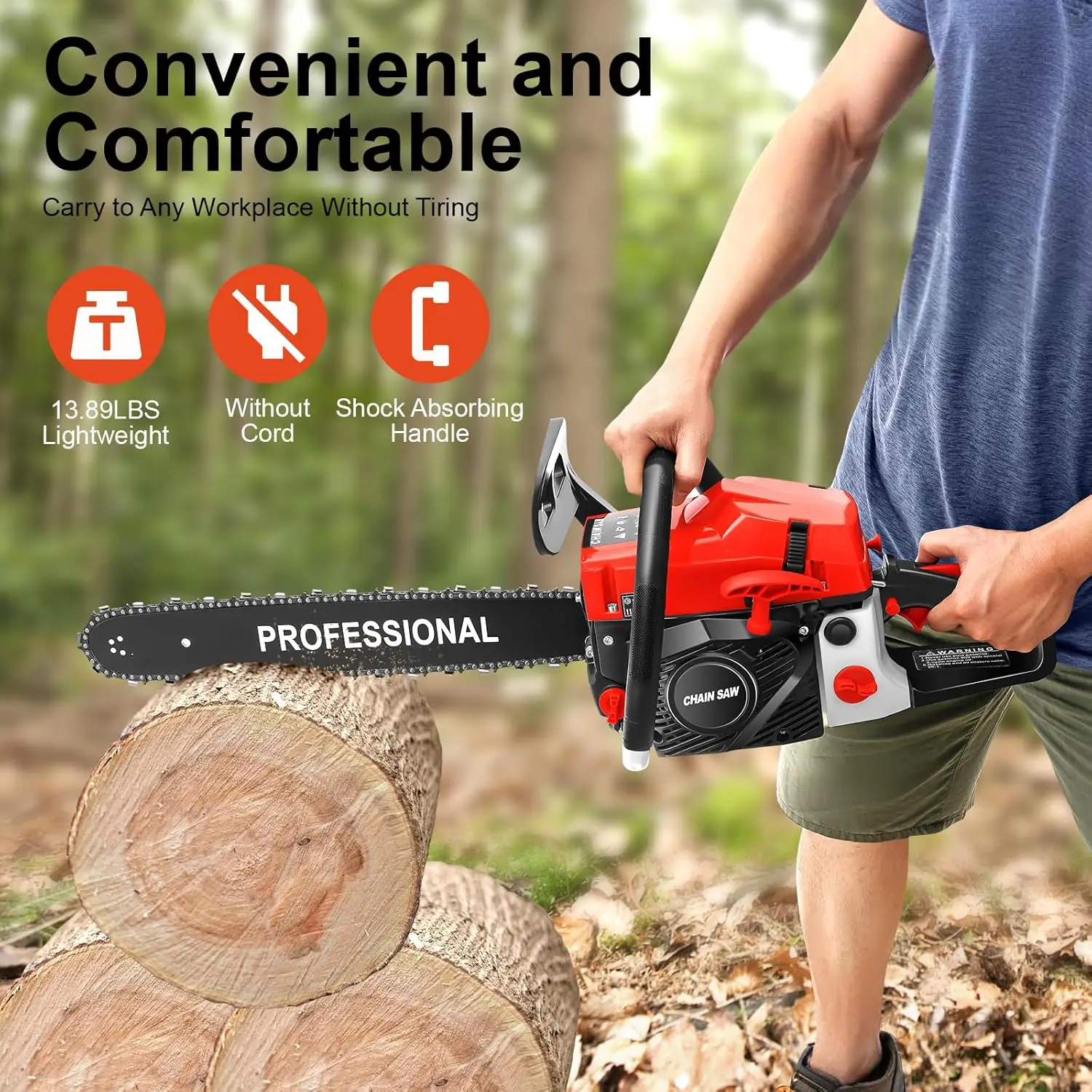 58cc Gas Chainsaw 20 Inch - 2-Stroke Gas Powered Chainsaw Kit for Tree Cutting & Trimming, Include Tool Bag&Fuel Bottle
58cc Gas Chainsaw 20 Inch - 2-Stroke Gas Powered Chainsaw Kit for Tree Cutting & Trimming, Include Tool Bag&Fuel Bottle