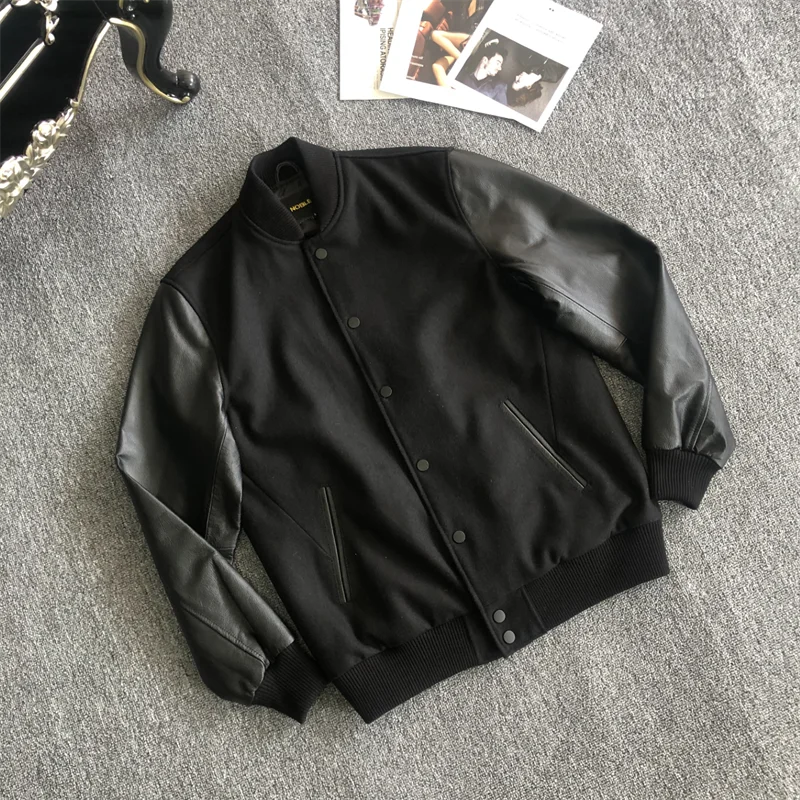 Spring Autumn Men's Baseball Jacket Casual Leather Sleeve Cowhide Splicing Short Top Woolen Coat Youth Fashion Warmth Outerwear
Spring Autumn Men's Baseball Jacket Casual Leather Sleeve Cowhide Splicing Short Top Woolen Coat Youth Fashion Warmth Outerwear