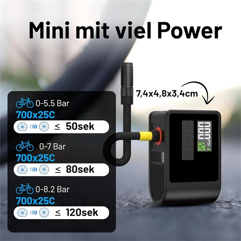 Auto-Shut-Off Mini Electric Bike Pump,120 PSI, Integrated Pressure Gauge& LED Light, Charge For Road Bikes
Auto-Shut-Off Mini Electric Bike Pump,120 PSI, Integrated Pressure Gauge& LED Light, Charge For Road Bikes