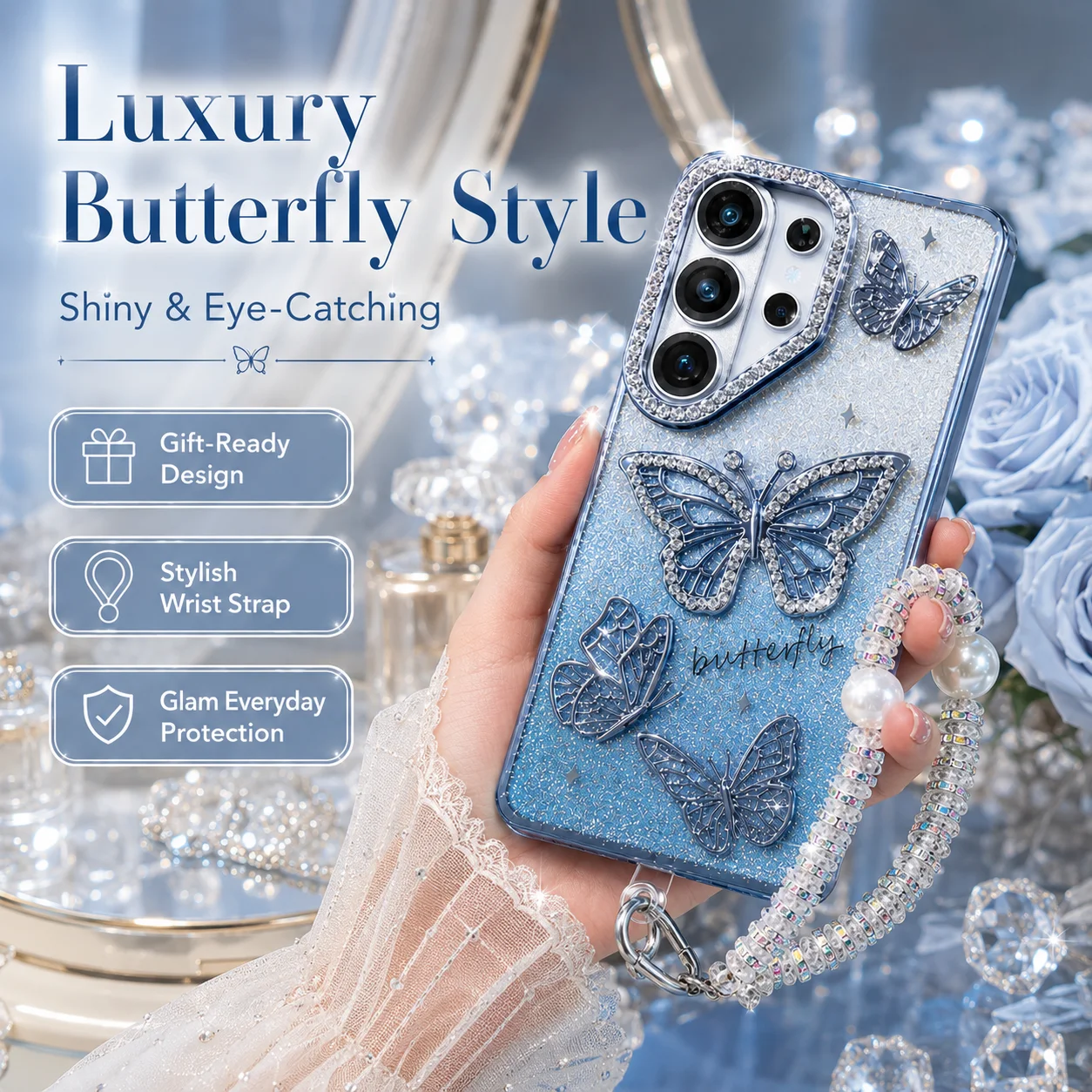 Phone Case for Samsung S26 Ultra, Hard Shell Butterfly Glitter Blue Cover Funda with Bracelet
Phone Case for Samsung S26 Ultra, Hard Shell Butterfly Glitter Blue Cover Funda with Bracelet