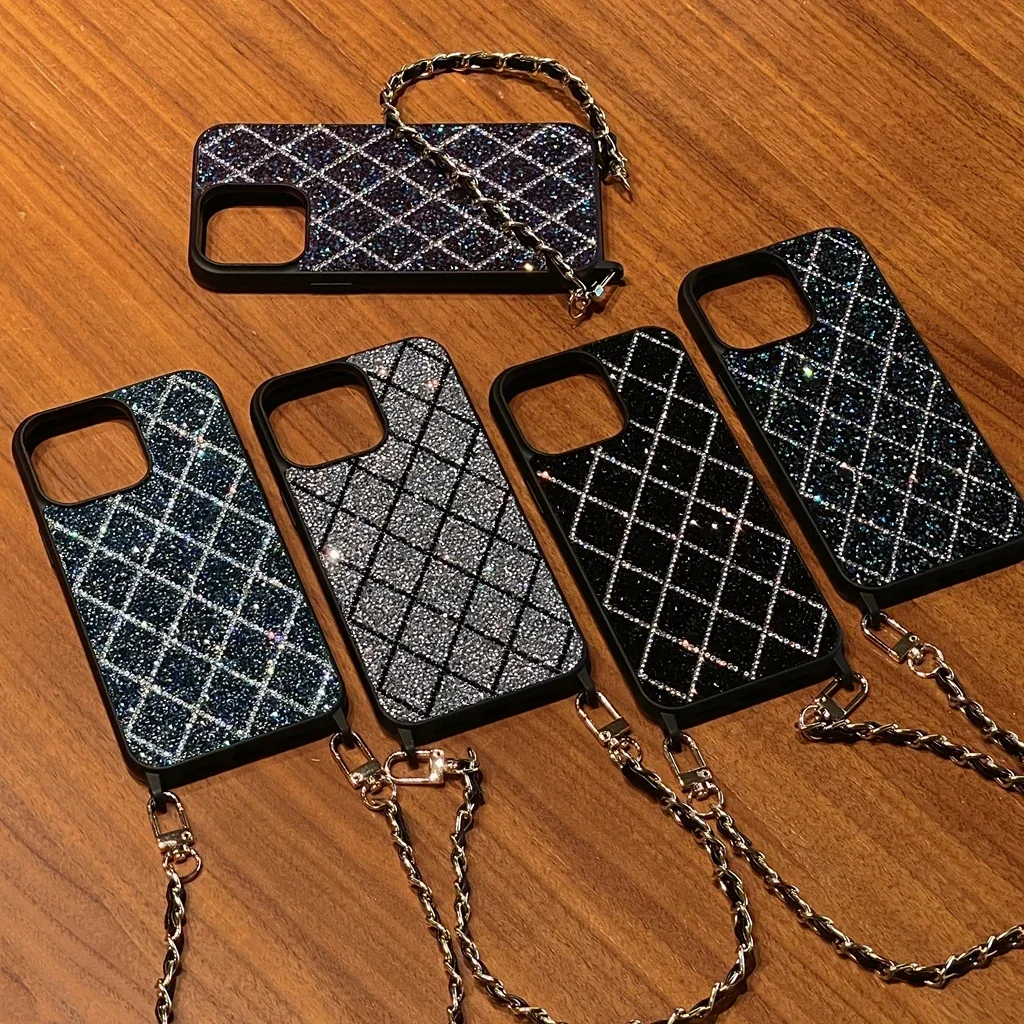 Шикарный Блестящий чехол в клетку с ромбовидным узором, ожерелье через плечо, шнур, ремешки для телефона, чехол для iPhone 15 14 13 12 11 ProMax 
Шикарный Блестящий чехол в клетку с ромбовидным узором, ожерелье через плечо, шнур, ремешки для телефона, чехол для iPhone 15 14 13 12 11 ProMax