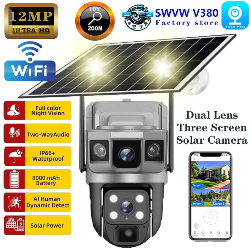 V380PRO 3 экрана двойной объектив V380 Pro 12MP 6K PTZ WIFI Солнечная камера видеонаблюдения 360 наружная Водонепроницаемая Солнечная камера
V380PRO 3 экрана двойной объектив V380 Pro 12MP 6K PTZ WIFI Солнечная камера видеонаблюдения 360 наружная Водонепроницаемая Солнечная камера