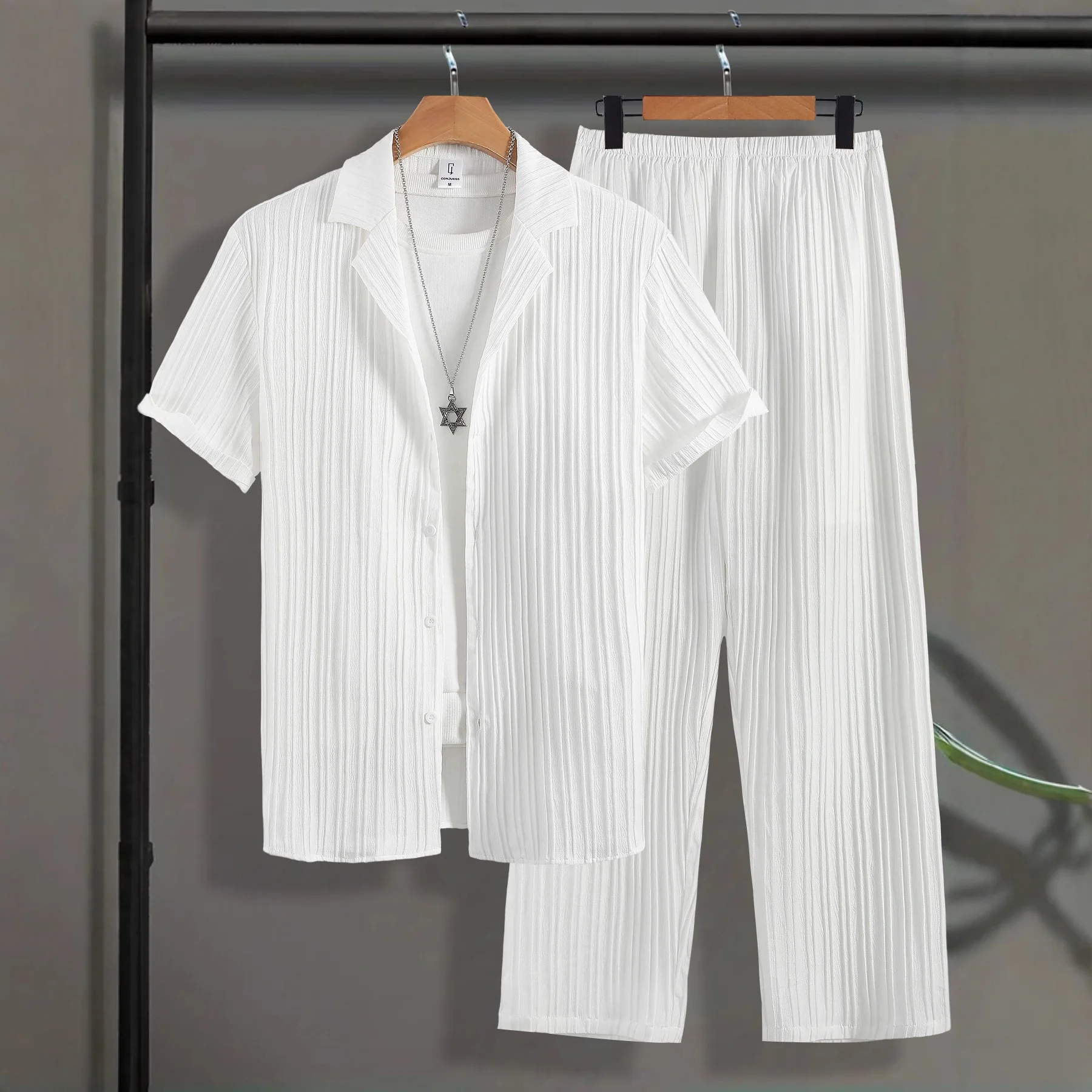 2026 Summer Men Solid 2Pcs Suit Set Short Sleeve Open Button Top Casual Trousers With Pocket Square Loose Fashion Daily Business
2026 Summer Men Solid 2Pcs Suit Set Short Sleeve Open Button Top Casual Trousers With Pocket Square Loose Fashion Daily Business