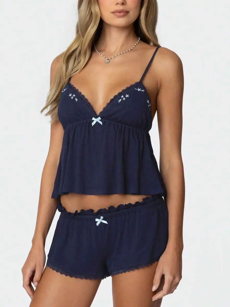 Womens Summer Pajama Set Embroidery Lace Trim Camisole Top And Shorts Lounge Wear
Womens Summer Pajama Set Embroidery Lace Trim Camisole Top And Shorts Lounge Wear