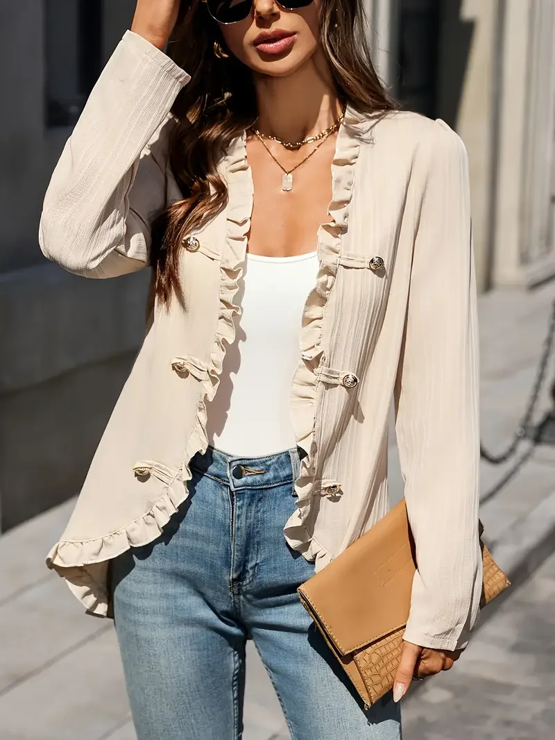 Women's Spring/Summer Elegant Directional Style Long Sleeve Shirt Ladies Fashion Ruffle Neckline New Style Solid Color Shirt
Women's Spring/Summer Elegant Directional Style Long Sleeve Shirt Ladies Fashion Ruffle Neckline New Style Solid Color Shirt