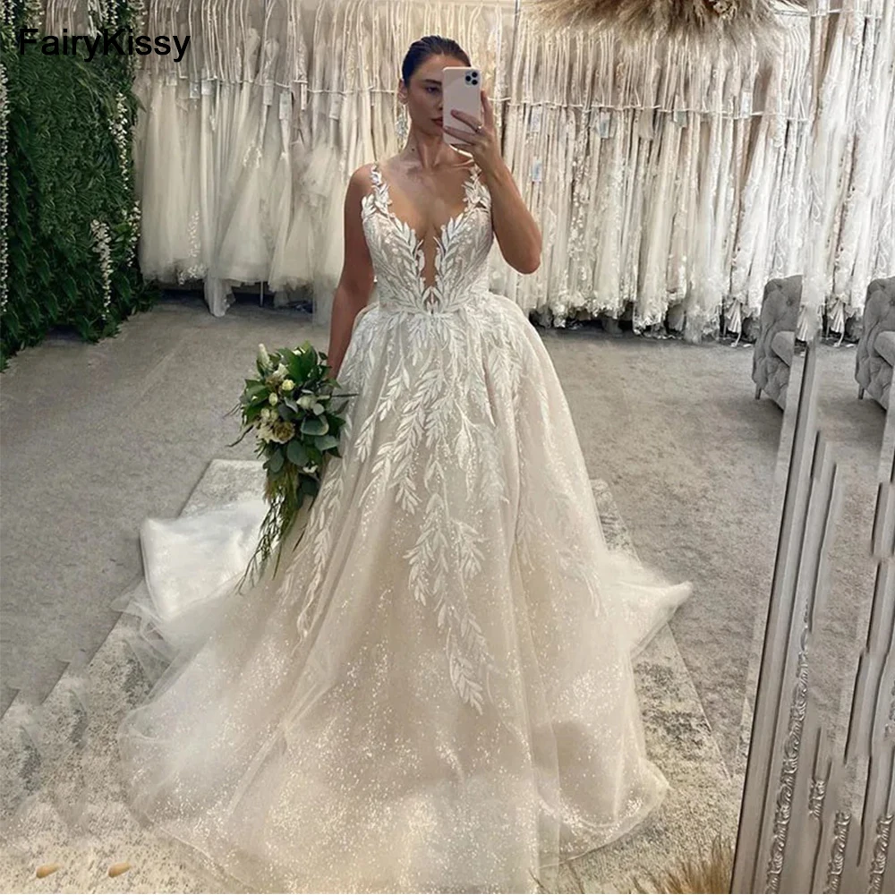 FairyKissy Ivory Lace Wedding Dresses Lace Appliqued V Neck Bride Dress Elegant A Line Shiny Modest Bride Wedding Gowns 2024
FairyKissy Ivory Lace Wedding Dresses Lace Appliqued V Neck Bride Dress Elegant A Line Shiny Modest Bride Wedding Gowns 2024