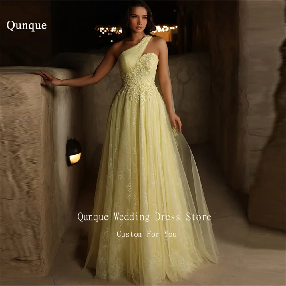 Qunque Sheer Tulle Formal Evening Dress One Shoulder Yellow Vestidos De Fiesta Elegantes Appliques Lace Prom Gowns Customized
Qunque Sheer Tulle Formal Evening Dress One Shoulder Yellow Vestidos De Fiesta Elegantes Appliques Lace Prom Gowns Customized