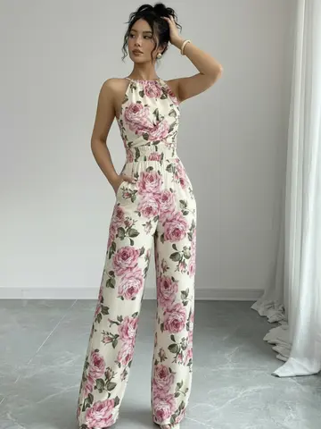 Women Halter Wrap Front Printed Wide Leg Jumpsuit For Casual Streetwear Vacation And Daily Occasion