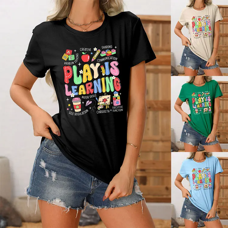 Summer new women's fashion crew-neck T-shirt play is learning panel print casual loose short-sleeved top with pullover
Summer new women's fashion crew-neck T-shirt play is learning panel print casual loose short-sleeved top with pullover