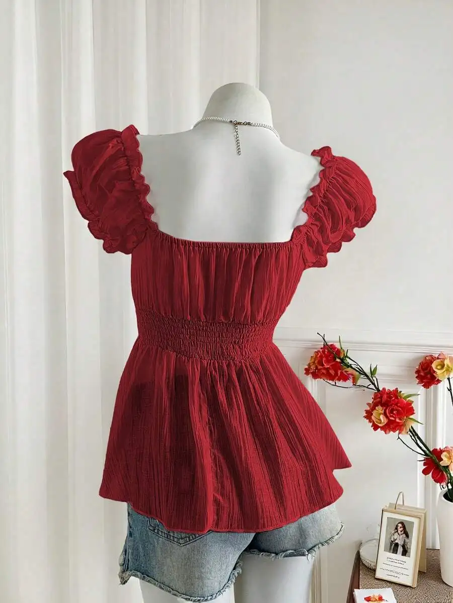 Red Ruffled Sleeve Smocked Waist Chiffon Blouse Women Summer Top
Red Ruffled Sleeve Smocked Waist Chiffon Blouse Women Summer Top