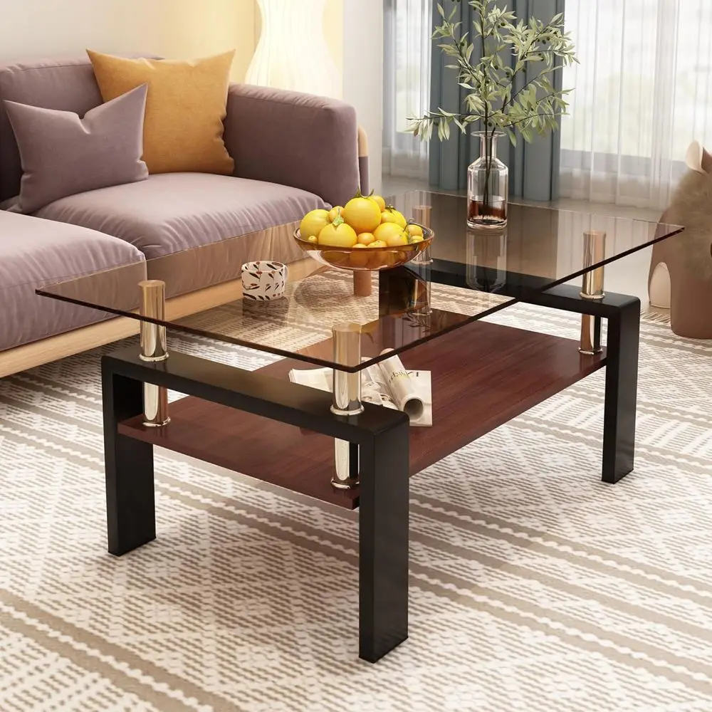 Glass Coee Table or Living Room, RecGlass Coee Table with Storage Shel, Brown Coee Tabletop with Black Metal Legs or Aparent, Oi
Glass Coee Table or Living Room, RecGlass Coee Table with Storage Shel, Brown Coee Tabletop with Black Metal Legs or Aparent, Oi