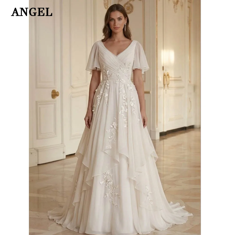 ANGEL Elegant Applique Wedding Dresses 2026 V-neck Long Bride Dress Short Sleeves Chiffon Bridal Gowns Vestidos De Novia Custom
ANGEL Elegant Applique Wedding Dresses 2026 V-neck Long Bride Dress Short Sleeves Chiffon Bridal Gowns Vestidos De Novia Custom