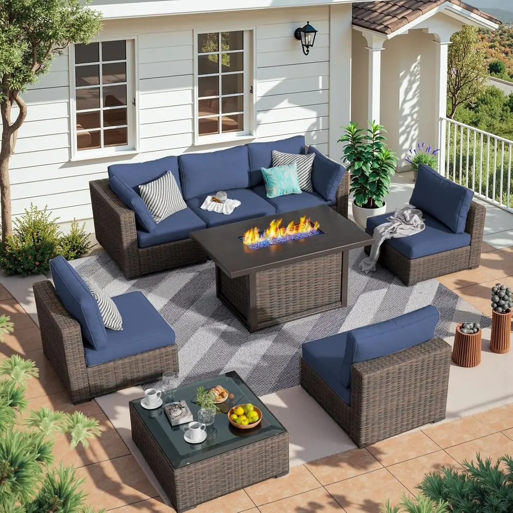 8-Piece Outdoor Sectional Sofa Set with Fire Pit Table, Weather-Resistant PE Rattan, Blue Cushions, Glass Top
8-Piece Outdoor Sectional Sofa Set with Fire Pit Table, Weather-Resistant PE Rattan, Blue Cushions, Glass Top