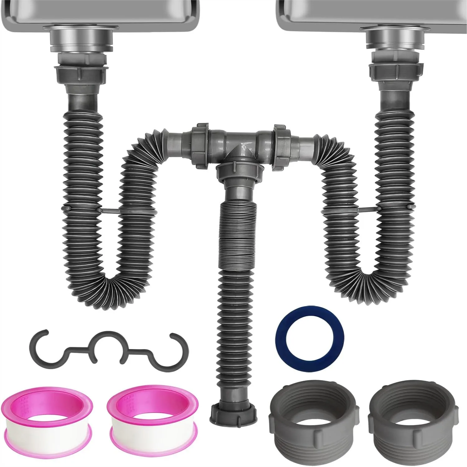 Flexible Expandable Double P-Trap Kit for 1 1/2" or 1 1/4" Double Bowl Sink Drain, with Sealing Rings and Teflon Tape
Flexible Expandable Double P-Trap Kit for 1 1/2" or 1 1/4" Double Bowl Sink Drain, with Sealing Rings and Teflon Tape