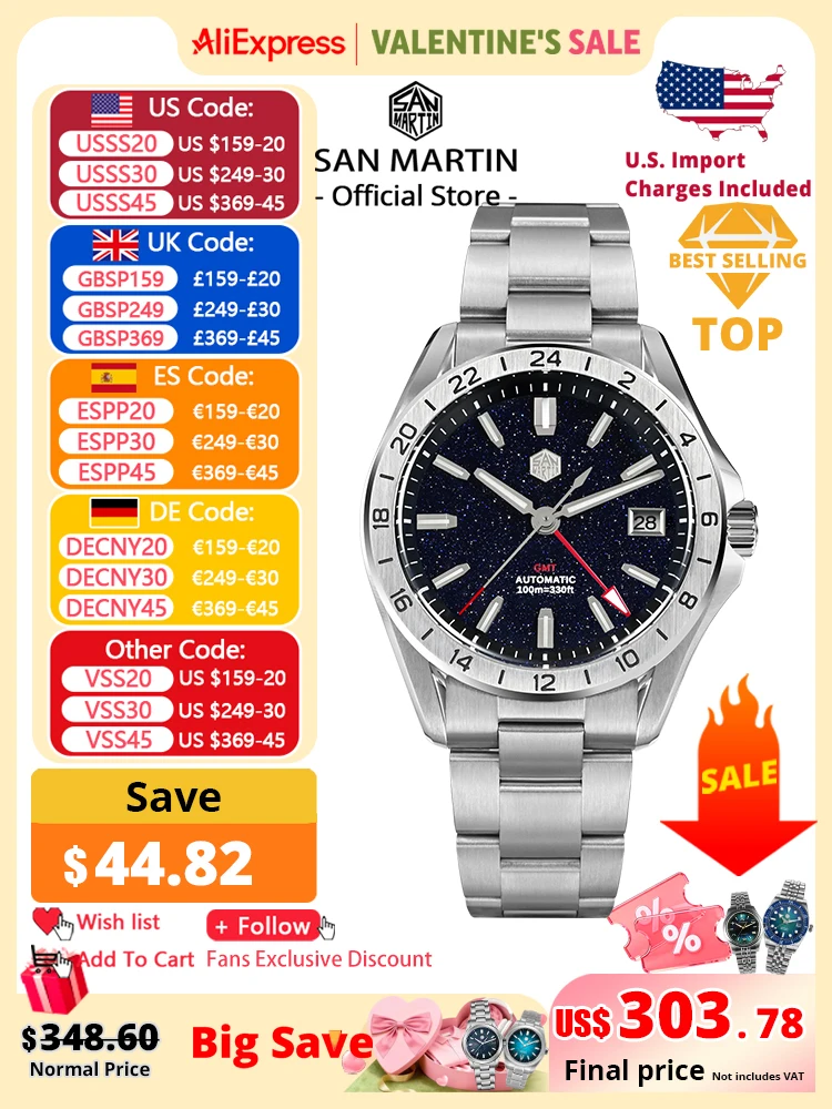 San Martin 39mm Aventurine Gemstone Dial Luxury Men's Watch NH34 GMT Automatic Mechanical Sapphire Waterproof Luminous SN0129
San Martin 39mm Aventurine Gemstone Dial Luxury Men's Watch NH34 GMT Automatic Mechanical Sapphire Waterproof Luminous SN0129