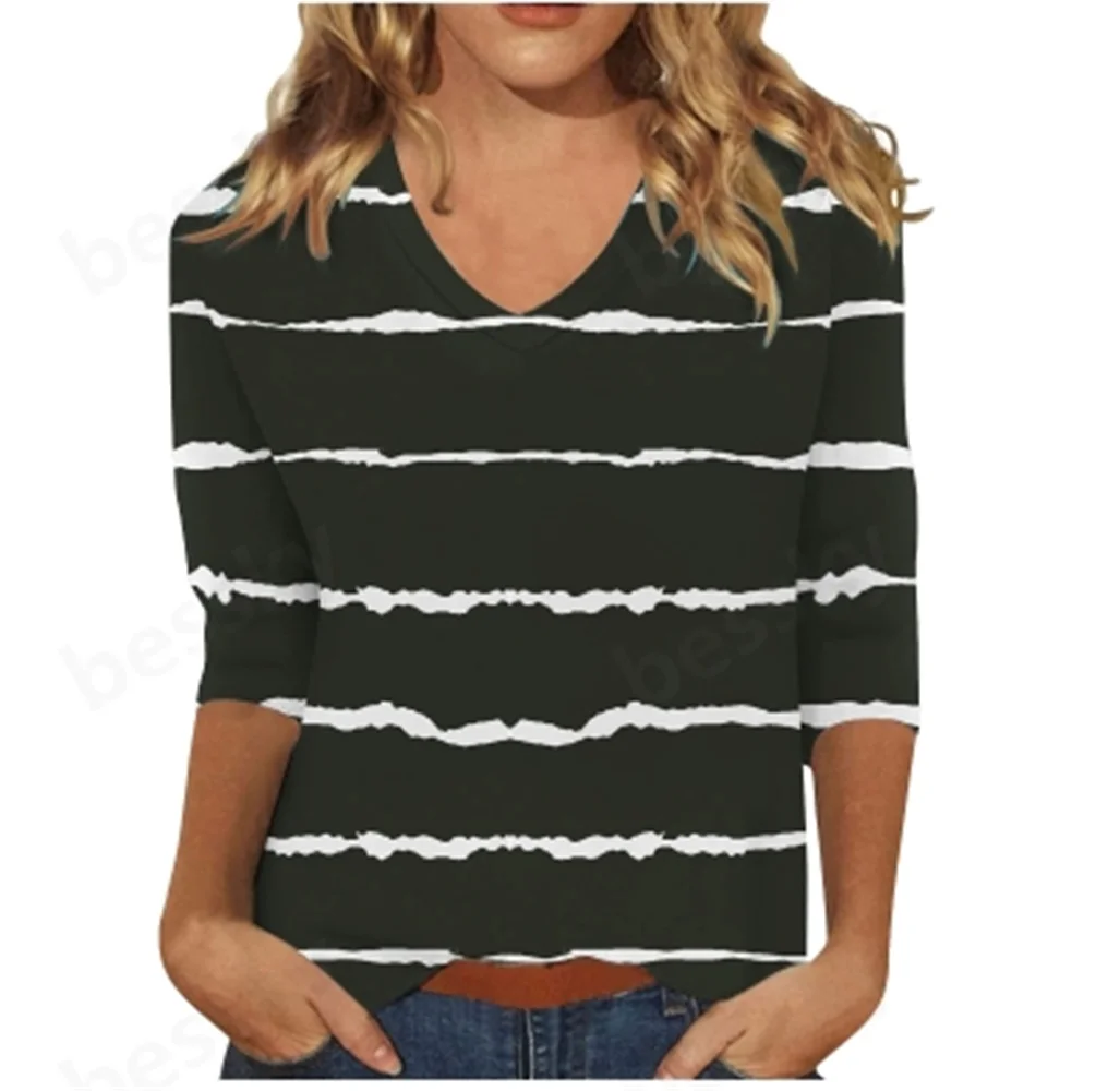 Ladies Striped Printed V-Neck T-Shirt 7-Point Sleeve Bottoming Shirt Casual Fashion Women's Top
Ladies Striped Printed V-Neck T-Shirt 7-Point Sleeve Bottoming Shirt Casual Fashion Women's Top