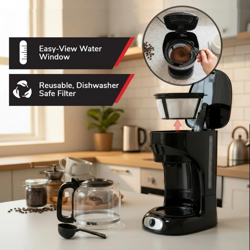 12-Cup Drip Coffee Maker with Glass Carafe Auto Shut Off Reusable Filter Keep Warm Function Clear Water Window Anti-Drip
12-Cup Drip Coffee Maker with Glass Carafe Auto Shut Off Reusable Filter Keep Warm Function Clear Water Window Anti-Drip