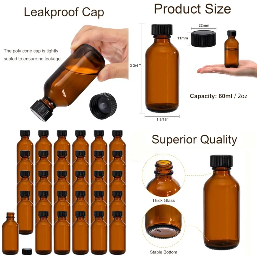 30 Pack 2 oz Boston Round Glass Bottle with Black Caps, Amber
30 Pack 2 oz Boston Round Glass Bottle with Black Caps, Amber